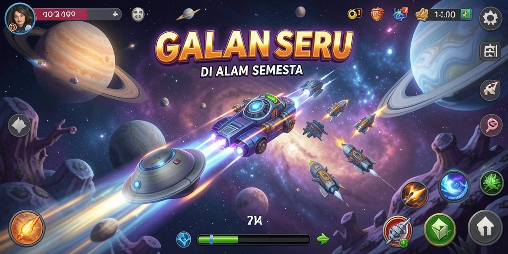 Screenshot gameplay GALAXY77 yang menampilkan lintasan balapan luar angkasa.