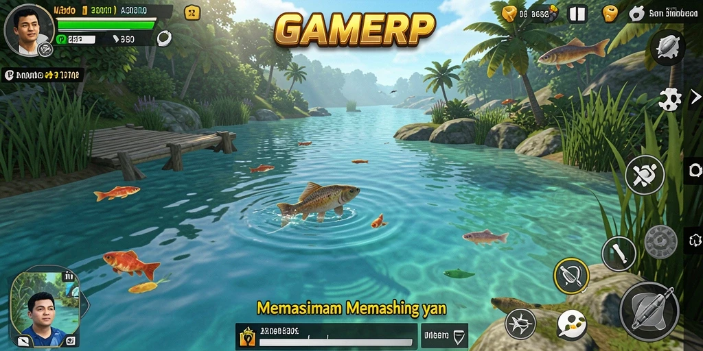 Screenshot GAMERP menampilkan pemain yang menangkap ikan di lokasi indah.
