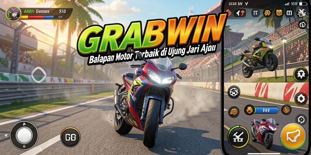 Screenshot gameplay GRABWIN yang menampilkan aksi balapan motor.