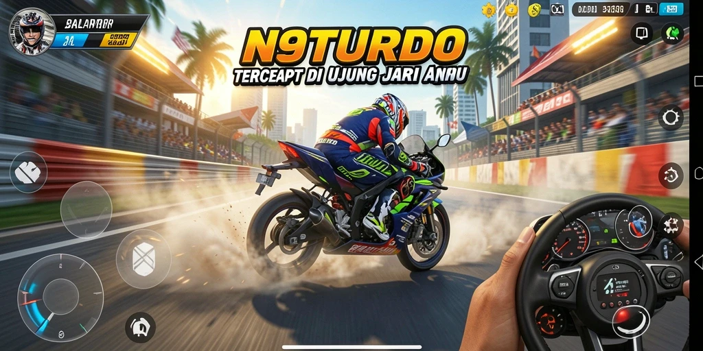 Gameplay seru dan menegangkan di N9TURBO dengan berbagai motor balap.