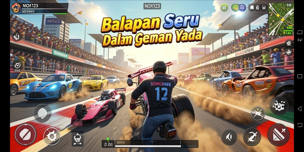 Screenshot gameplay NOX123 yang menampilkan balapan seru di trek.